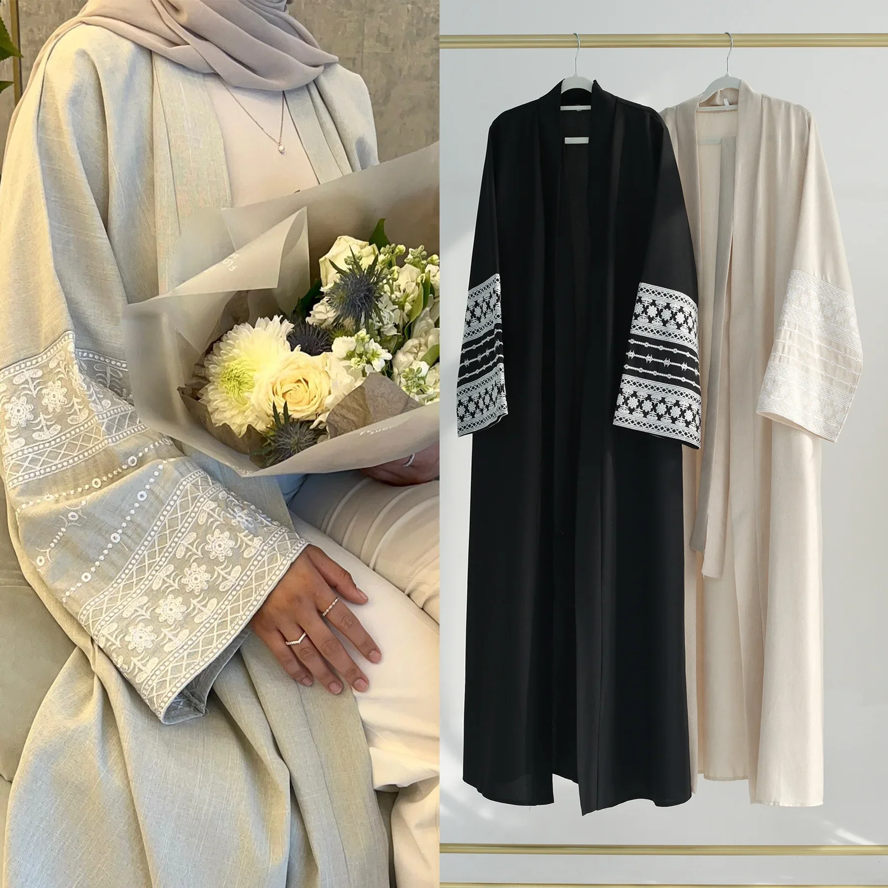 Abaya en lin avec poignets brodés pour femmes musulmanes, kimono ouvert, robe de Dubaï, caftan de luxe, fête de Turquie, ramadan, Eid, vêtements