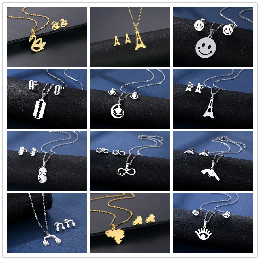 Boho Stainless Steel Jewelry Sets Blade Saturn Planet Smile face Necklaces &  Earings Set Eiffel Tower Goose Pendant For Women