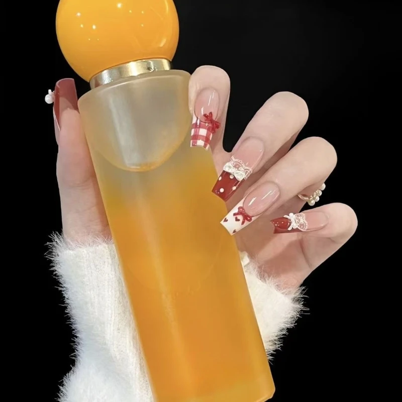 10 Stück Süße Und Niedliche Einfache Lange Handgemachte Nägel Zum Aufdrücken Französische Schleife Spitze Künstliche Nägel Abnehmbar Und Wiederverwendbar