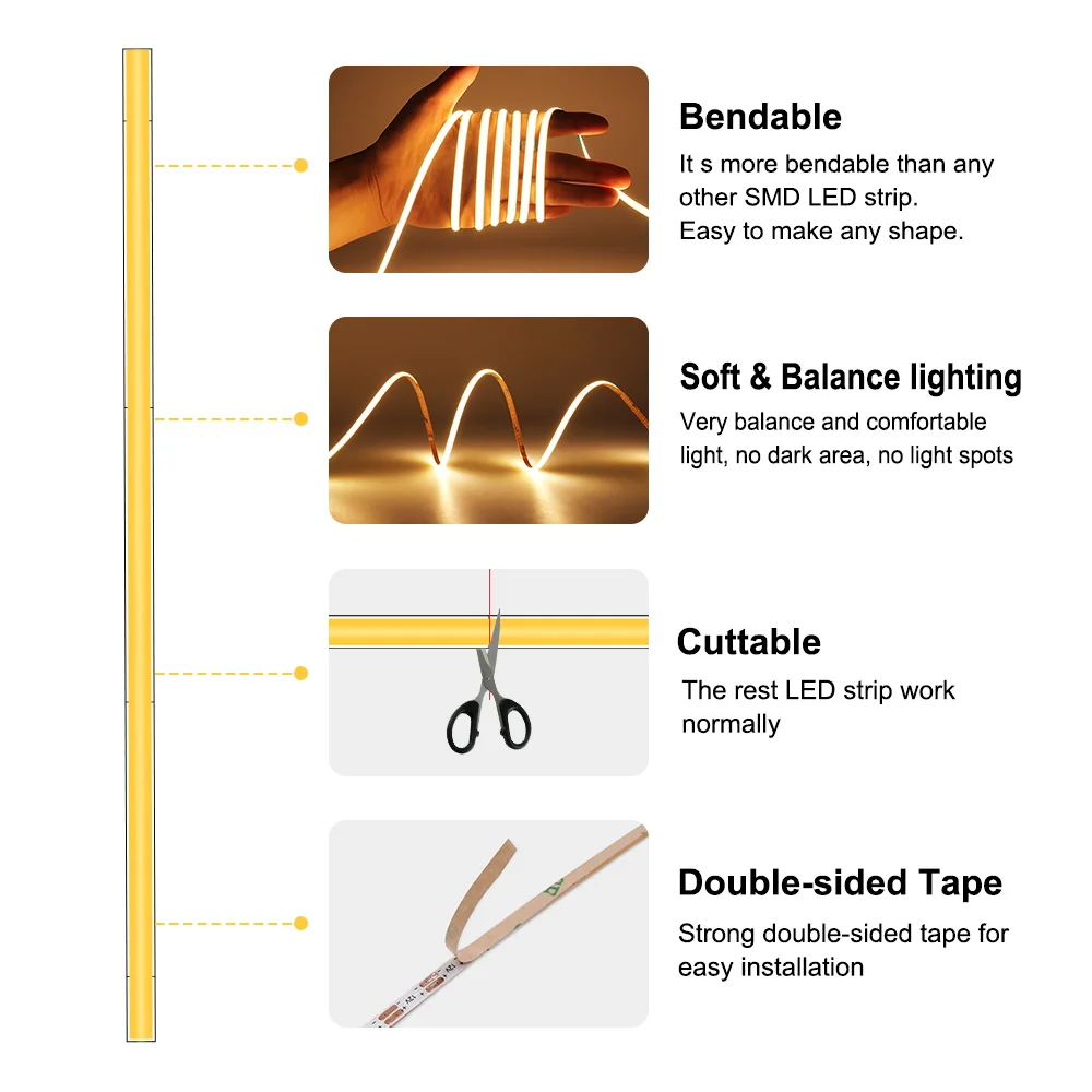 COB LED Strip 12V Light Tape 24V LED Flexible Ribbon Lamp for Room Decoration RA90 FOB Strip 5mm 8mm 10mm LED Strip Lighting