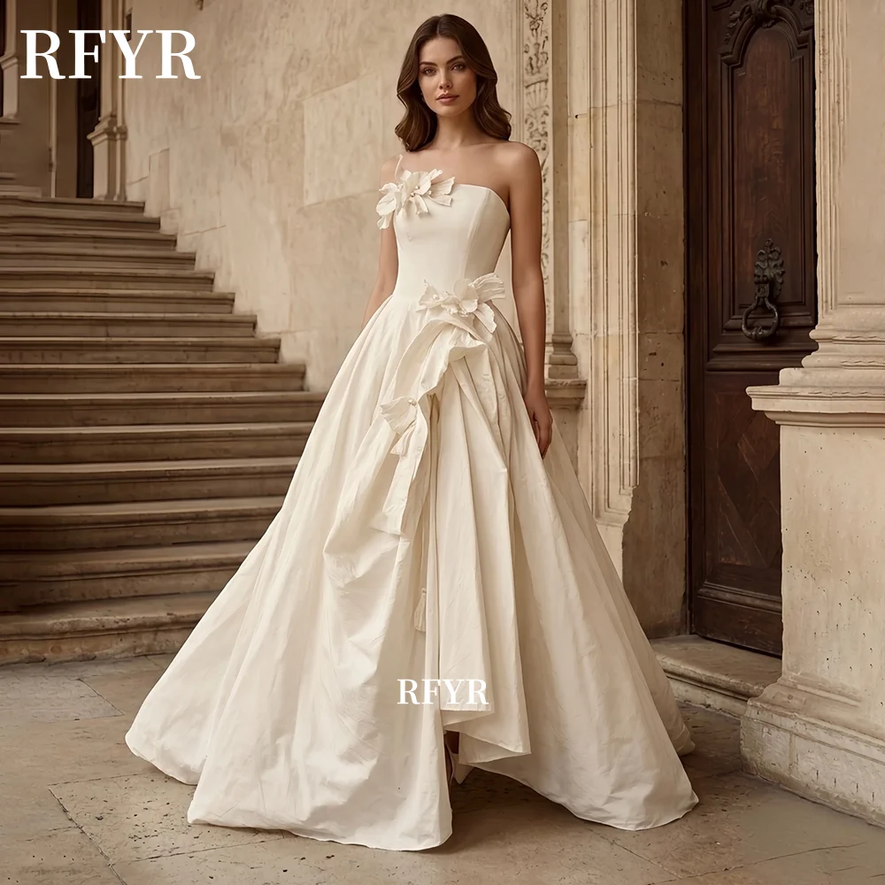 

RFYR A Line Prom Dress 3D Flowers Evening Party Dresses Strapless Elegant Prom Dress with Pleats for Women vestidos de fiesta