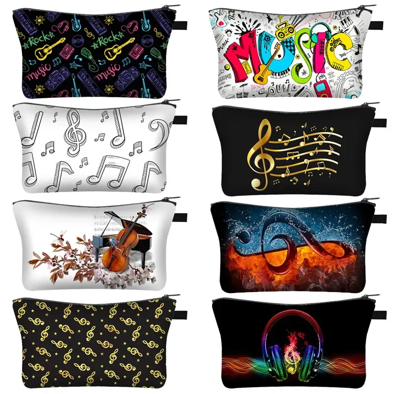 Musical Instrument Print Cosmetic Case Guitar Violin/Violoncello Makeup Storage Pouch Music Notes Beauty Bag Wash Napkin Bag