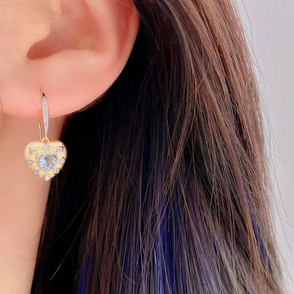 

Vintage Bucci Fine Earrings 925 Sterling Silve Heart Cut Aquamarine Full Zircon Diamond Love Ear Hook for Women Birthday Gifts