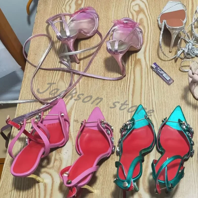 Trendy Pointed Toe Rhinestone Stiletto Wedding Shoes Women Summer Metal Buckle Strap Super High Heel Party Dress Shoes Fashion S