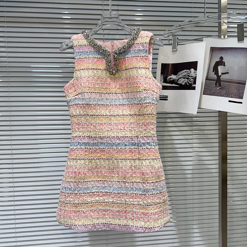 

Women's Small Fragrant Heavy Industry Rhinestone Collar Tweed Sleeveless Fashion New Item Elegant Party Holiday Dress