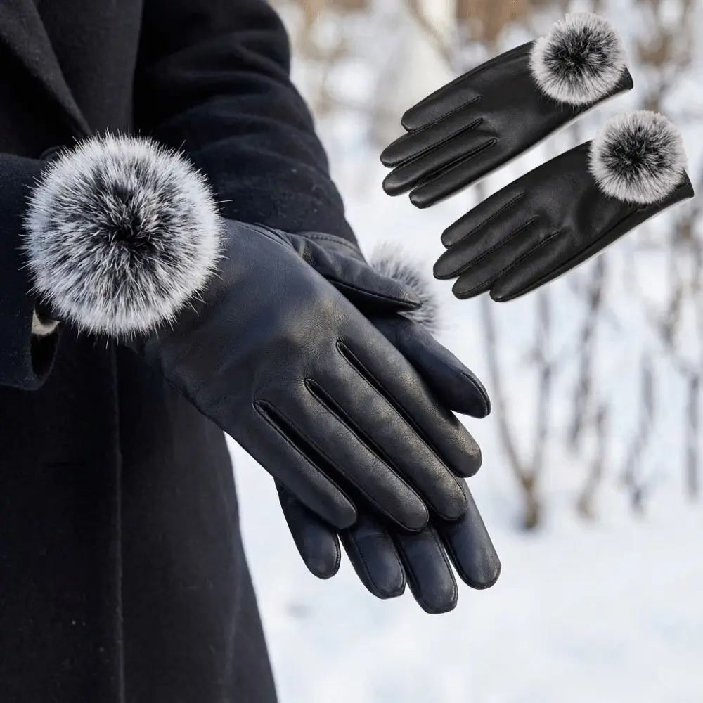 Thermal Women's Gloves Rabbit Fur Trim Cuff PU Leather Winter Warm Gloves Black Thermal Lined Outdoor Cycling Gloves