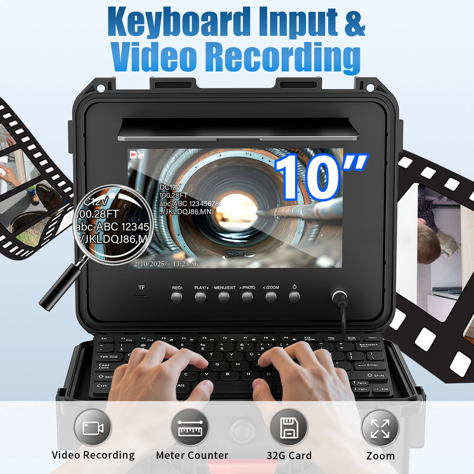 كاميرا الصرف الصحي Borescope مع محدد موقع 512 هرتز، كاميرا IPS 1080P مقاس 10 بوصة مع كابل 7 مم 30-60 متر، التسوية الذاتية التلقائية، بطارية 4500 مللي أمبير في الساعة