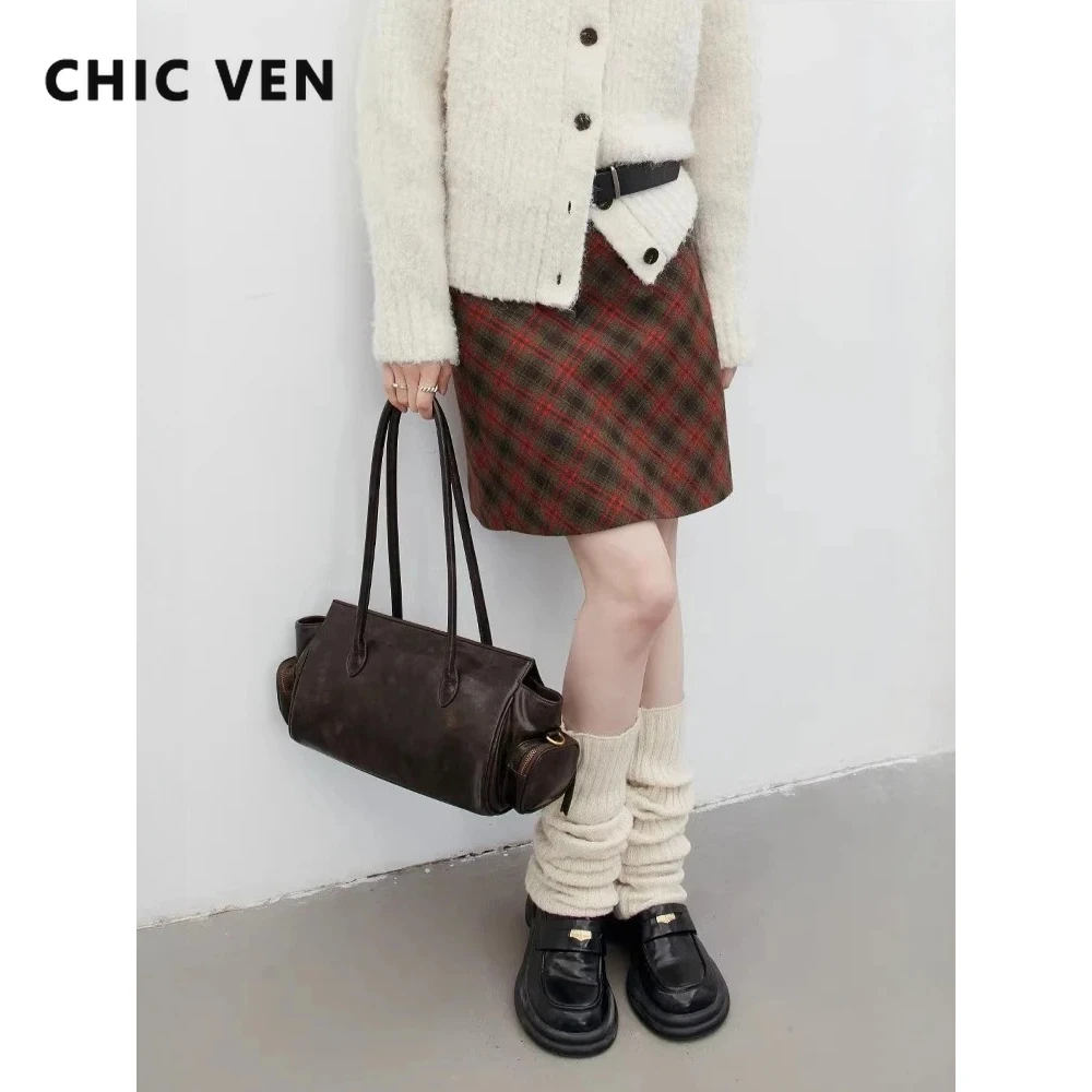 CHIC VEN Fashion Women Skirts Diagonal Plaid Straight Tube Mid Skirt Thick Office Ladies Half Skirt Autumn Winter 2026 Clothes