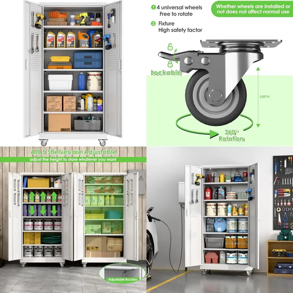 Metall-Aufbewahrungsschrank 32 x 16 mit 5 verstellbaren Regalen und Stecktafeln, Garagen-Aufbewahrungsschrank auf Rädern zur Organisation