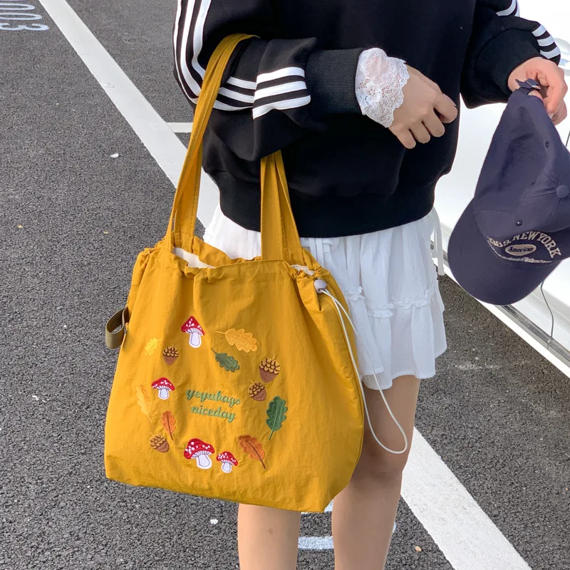 

Винтажная женская нейлоновая сумка-тоут с вышивкой, большая вместительная женская сумка на плечо на шнурке, повседневные простые студенческие сумки для девочек