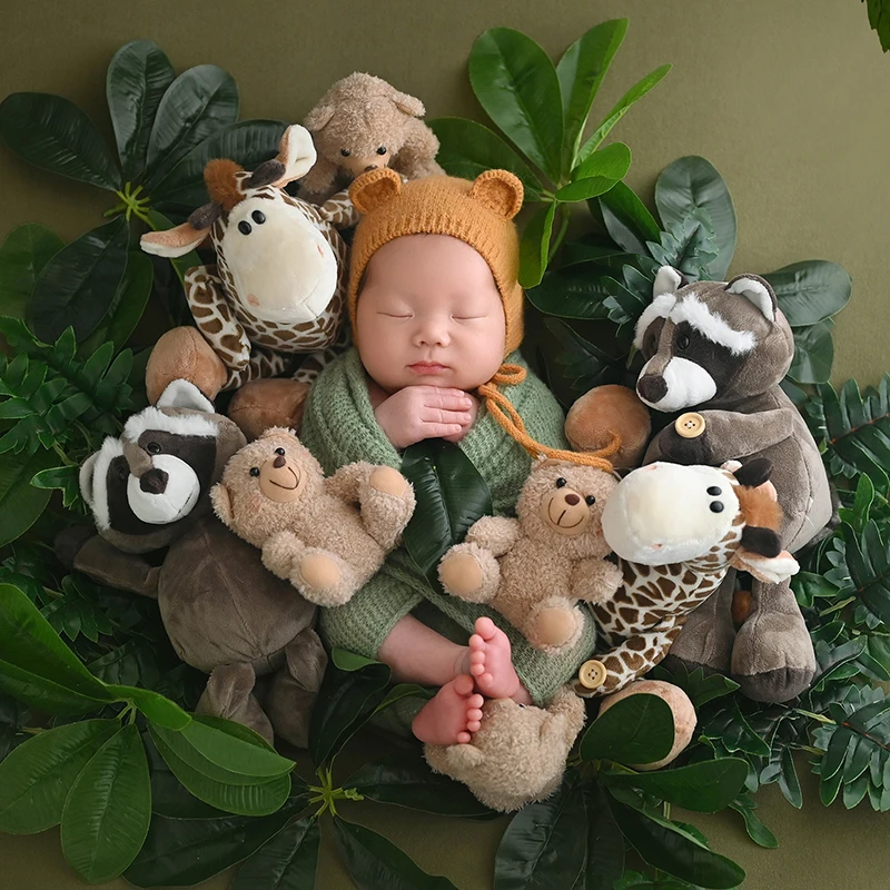 Newborn Baby Photography Accessories Forest Zoo Theme Baby Knitted Overalls + Hat Set Studio Photo Stretch Wrap Green Plant Prop