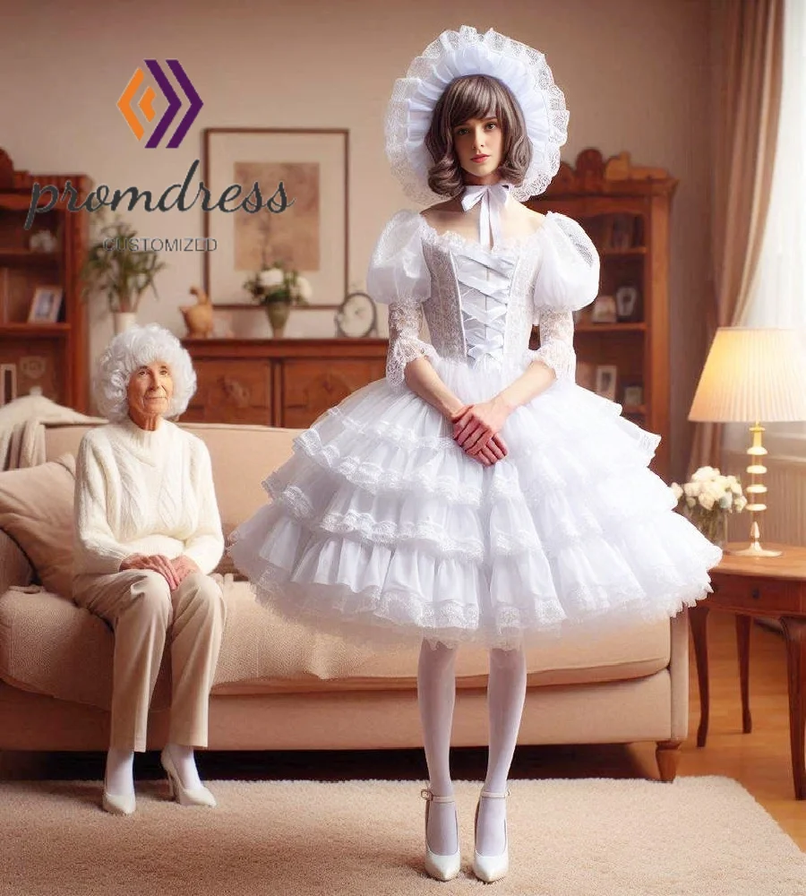 

Sissy White Costume Wedding Dress 2026 Frilly Lace Lolita Boho Bridal Dress Short A Line Tiered Ruffles 1920s Gatsby Flapper