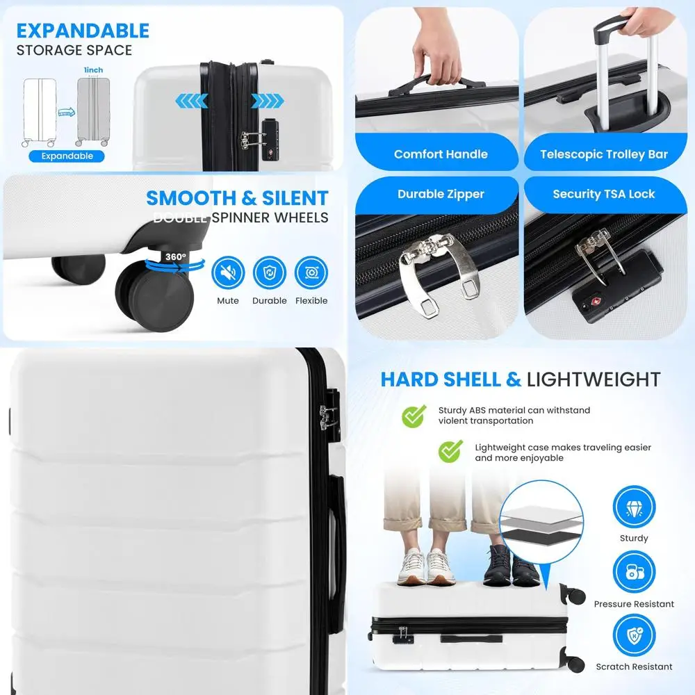 

20-расширяемый чемодан-спиннер из АБС-пластика с замком TSA, легкий чемодан, белый