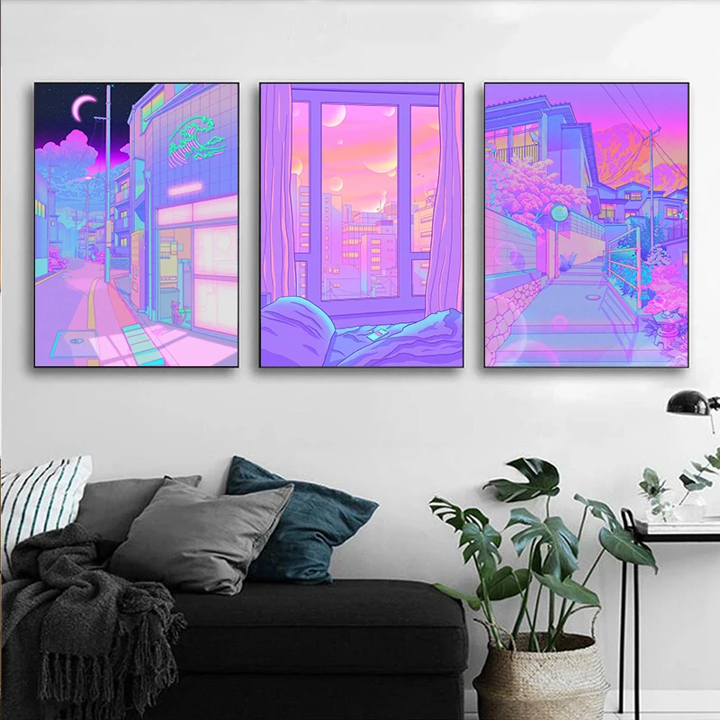 الخيال الخيال الأرجواني الوردي انمي ياباني نمط المشارك مدينة مشهد حائط لوح رسم الفن لغرفة ديكور المنزل الجمالية #4