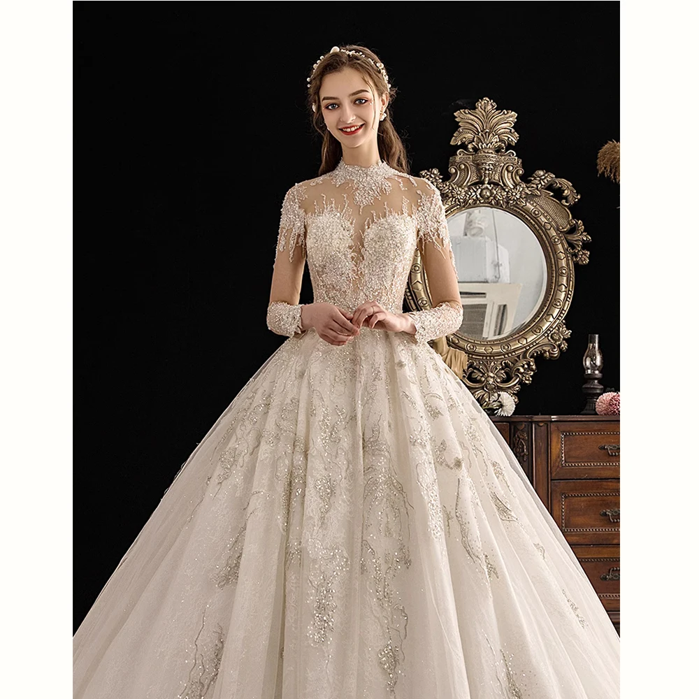 Clássico alta pescoço manga comprida vestido de casamento lantejoulas frisado renda applique vestido de noiva personalizado princesa vestidos de noiva