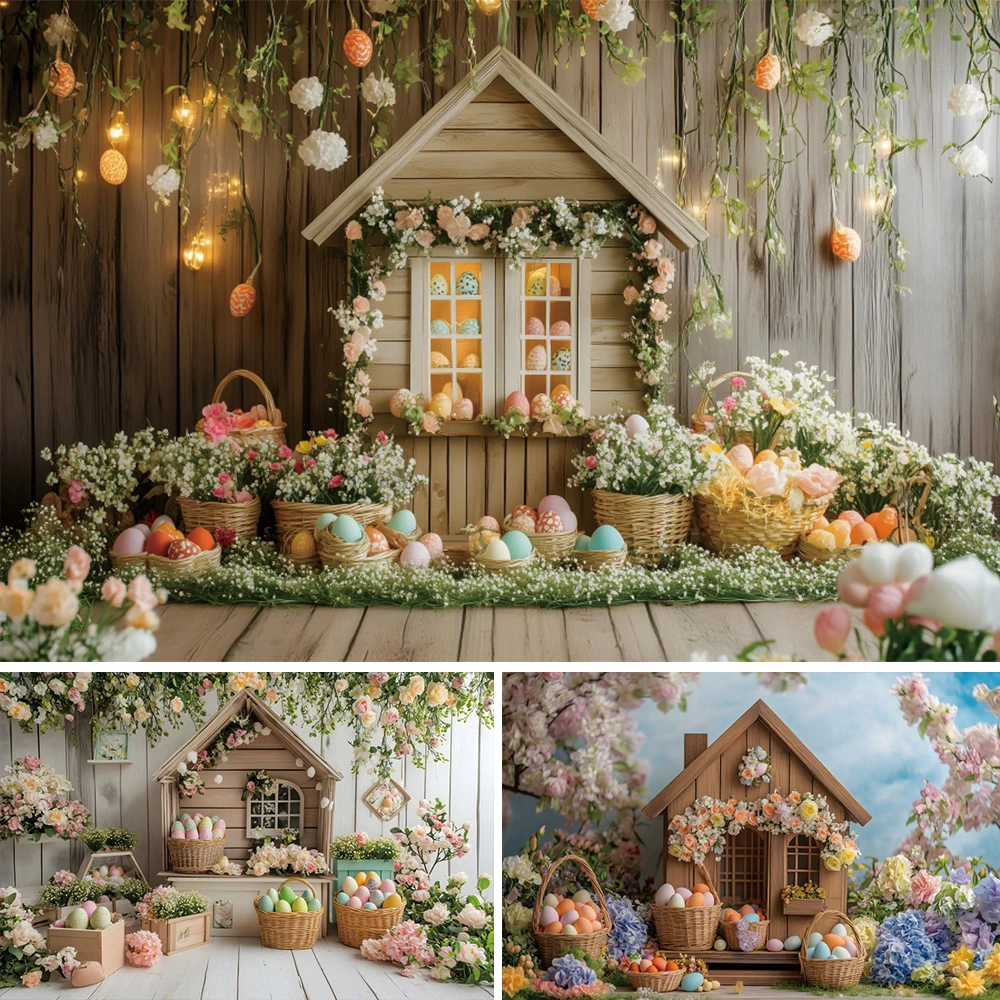 

Spring Easter Rabbit Background For Photography Color Eggs Green Plant Flower Wood Cabin Baby Shower Girl Birthday Backdrop