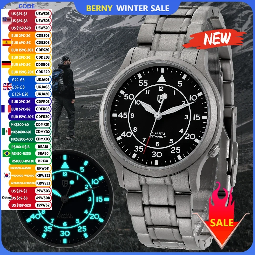 BERNY Titanium Watch for Men AR Coating Sapphire Fashion Wristwatch Luminous VH31 Ultra-thin Quartz Watch Waterproof 5ATM Watch