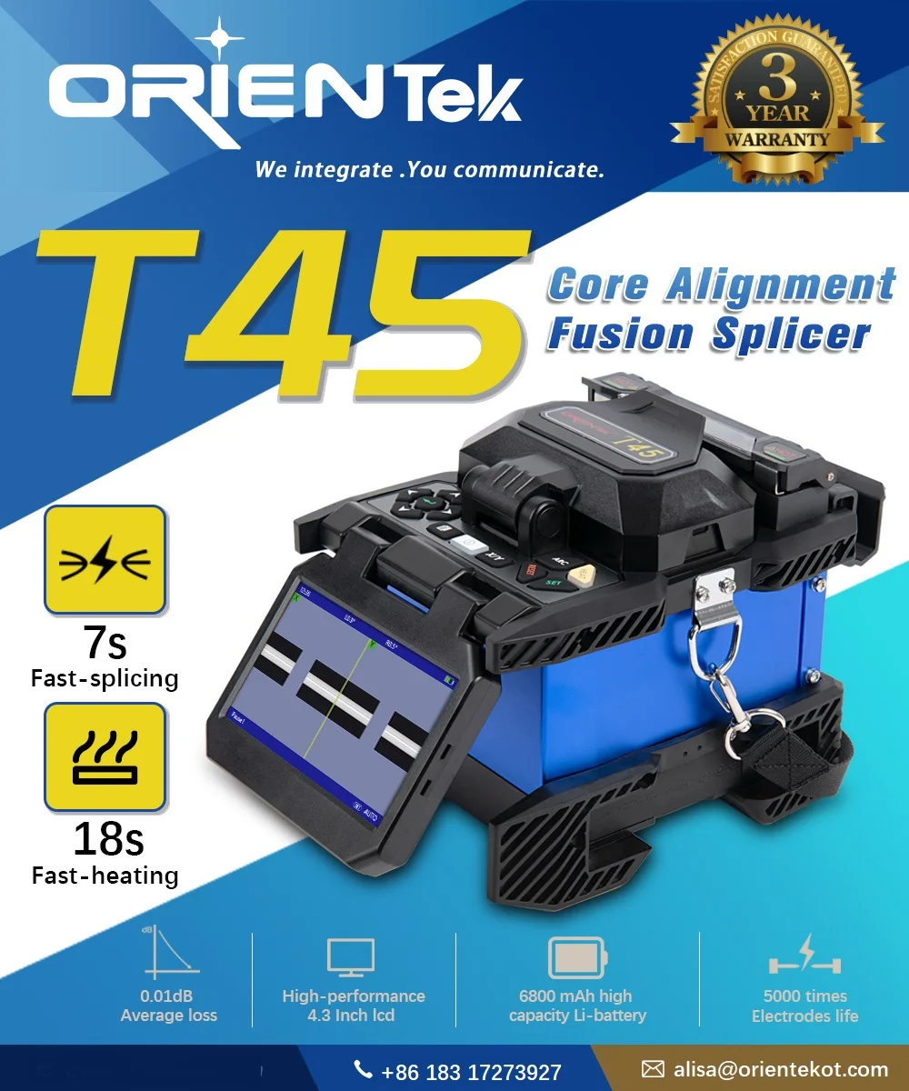 OrienTek T49 T45 FTTH Automatische Kernausrichtung Fusion Splicer Glasfaser-Spleißmaschine, schnelles Aufheizen mit geringem Verlust