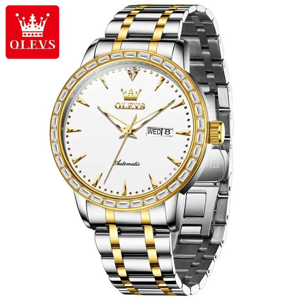 

OLEVS Brand Luxury Mechanical Watch Men Stainless Steel Waterproof Luminous Hands Week Calendar Fashion Automatic Watches Mens