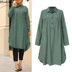 2024 Summer Muslim Solid Blouse for Women Simple Cotton Linen Long Shirt Saudi Arabia Islam Femme Tops Lady A-Line Shirt Dresses