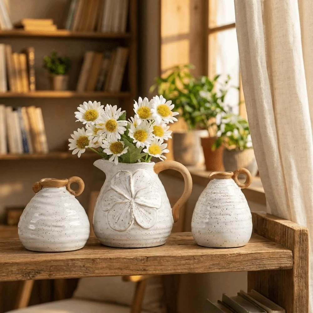 Floral Embossed Polka Dots Ceramic Vase Luxury Retro Tableware Racks Farmhouse Style with Handle Tableware Storage Jars