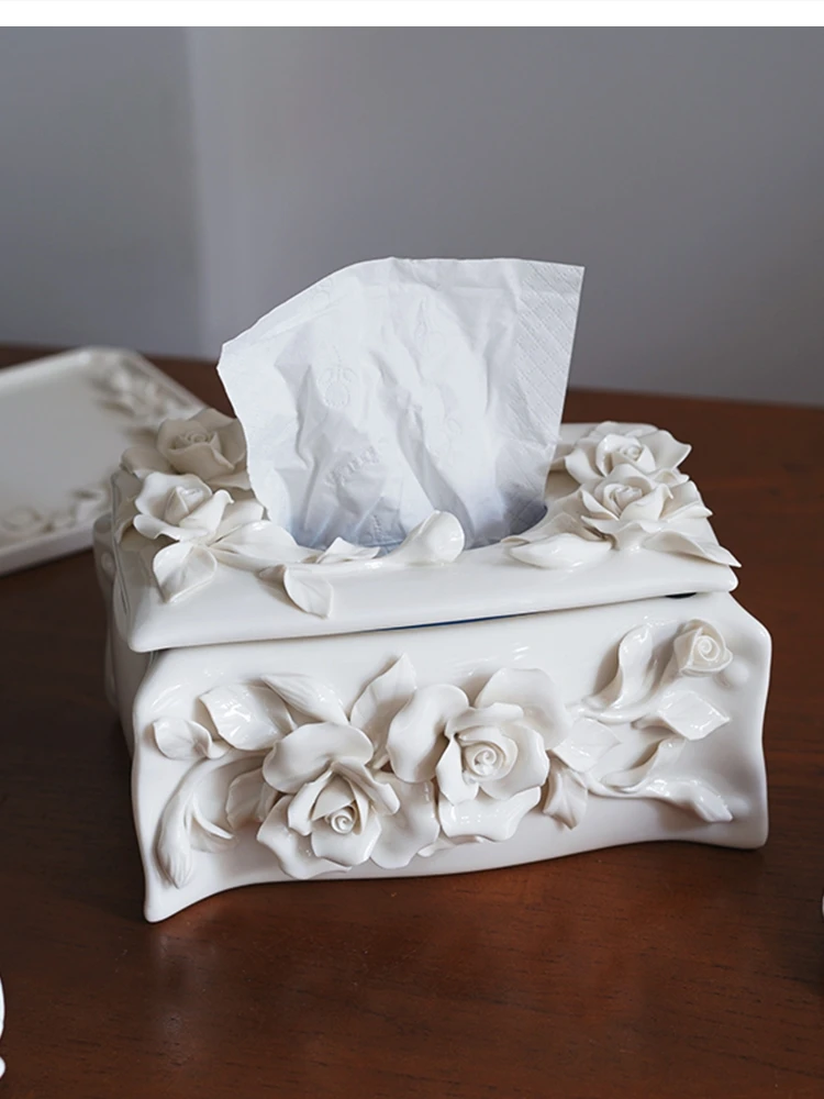 

European handmade rose Ceramic tissue box High-end holder living room home decoration napkin