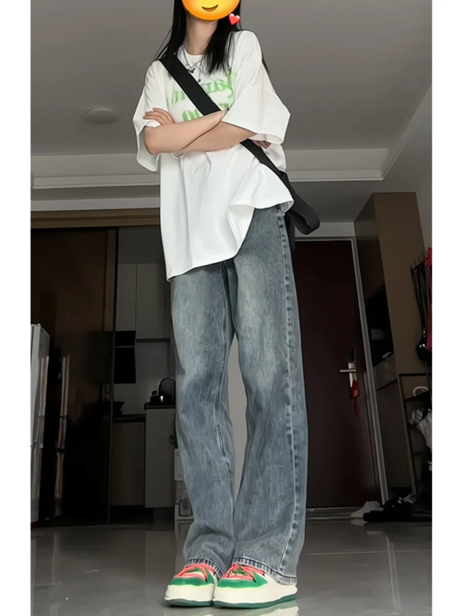 Retro American High Street Women's Jeans Autumn New Small Design Sense Straight Leg Wide Leg Pants High Waist Long Pants