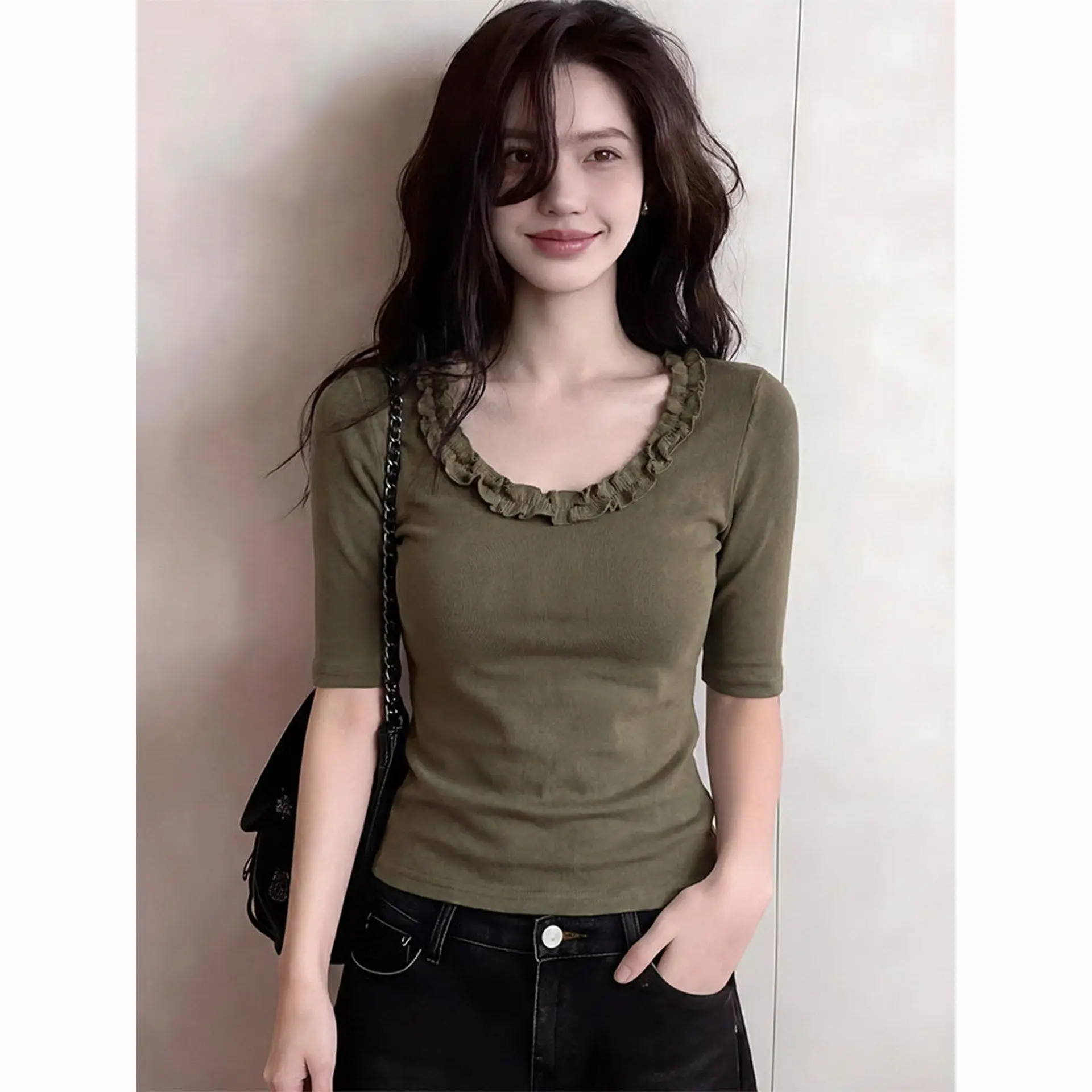 Green U-neck Fungus Edge Front Shoulder Short-sleeved T-shirt Women's Summer Slim-fit Short Top