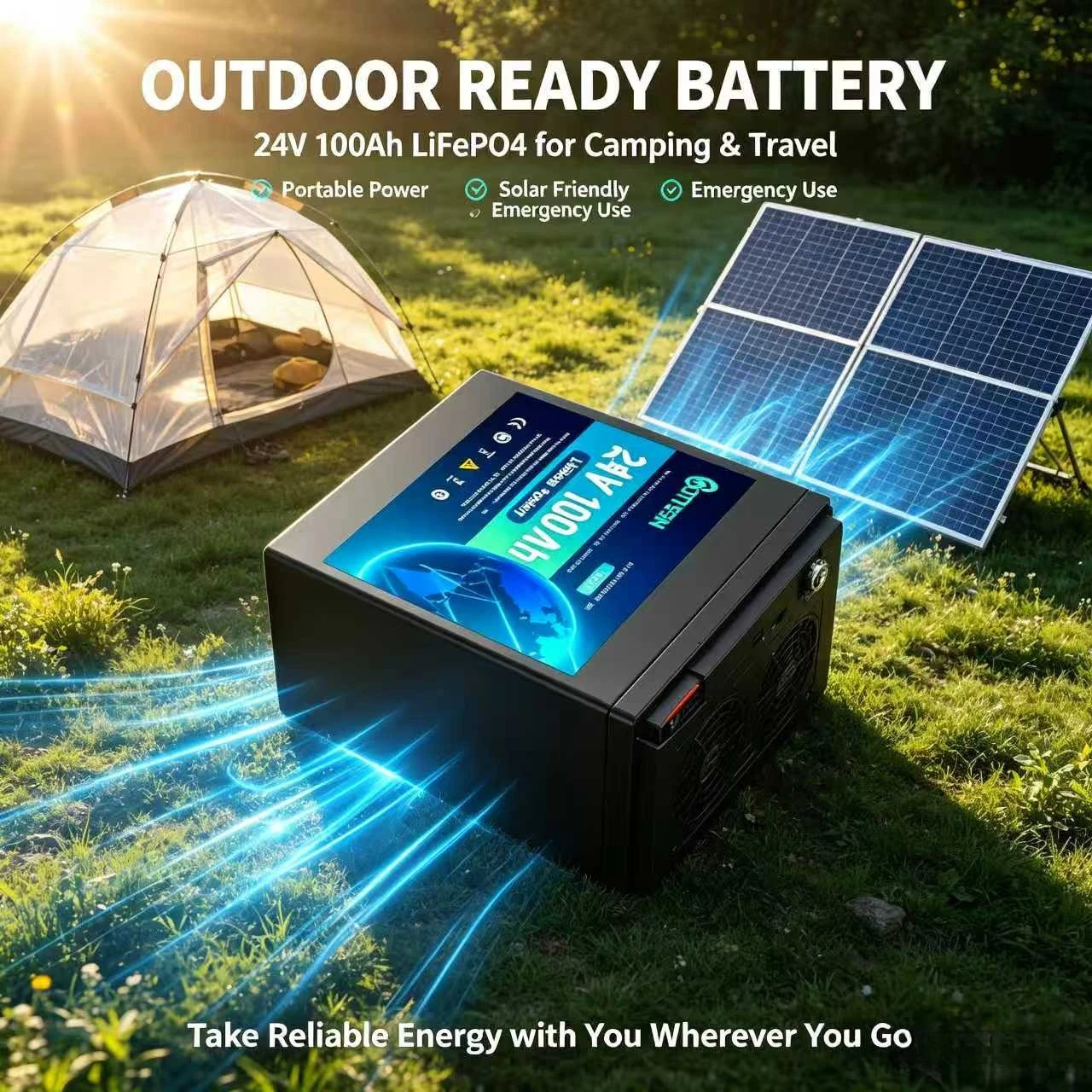 24V 100Ah/120Ah LiFePO4 battery premium grade‑A cells with stable internal resistance for outdoor camping adventure equipment