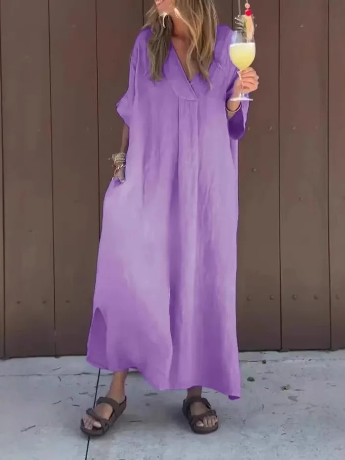 Luźna, długa spódnica damska z dekoltem w serek, wykonana z mieszanki bawełny i poliestru, idealna na lato, o kroju litery A.