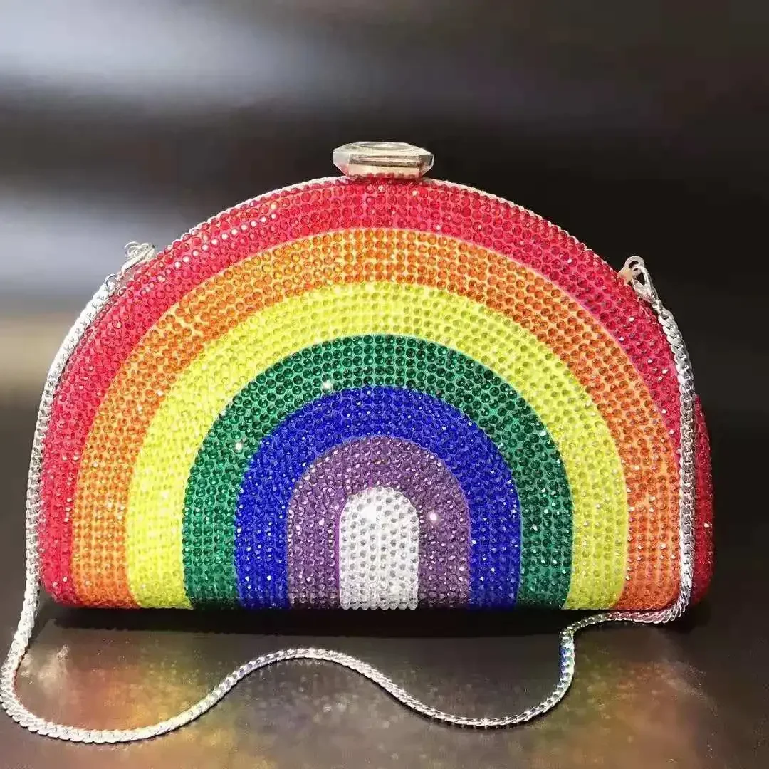 

Lady Rainbow Crystal Clutch Bag For Wedding Bridal Bag Wallet Evening Purse Diamond Mobile Phone Clutches Party Chain Handbags