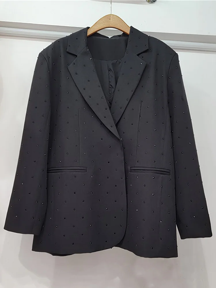 DEAT-Chaqueta de mujer con diamantes completos, manga larga, pecho oculto, cuello con muescas, traje elegante negro, chaquetas, primavera 2025,