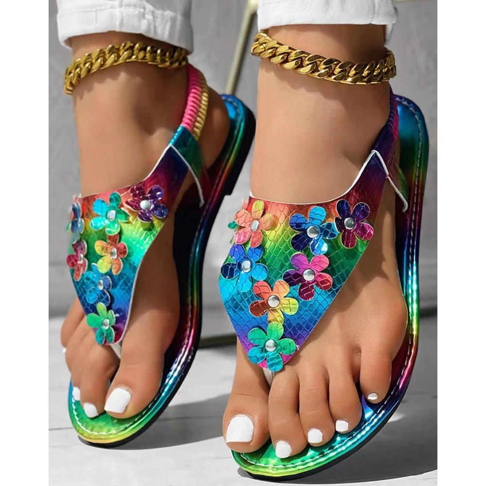 Summer Fashion Women Floral Pattern Rainbow Colorblock Flats Sandals Elastic Back Strap Flip Flops Summer Shoes Korean Style