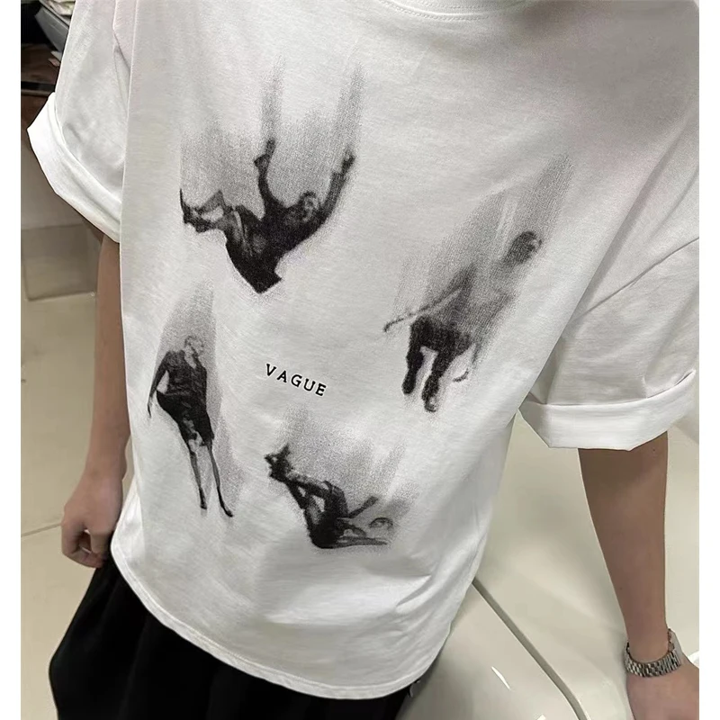 Vintage Top Blurred Portrait Print American Men Street Short-sleeved T-shirt Cotton T-shirt Summer Oversize Woman Clothing