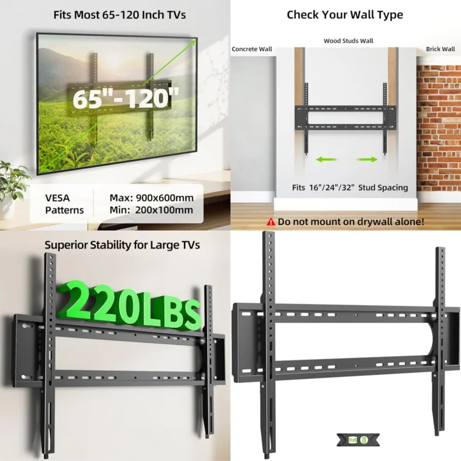 

Fixed TV Wall Mount for 65-120 inch Flat TVs up to 220 Lbs, Low Profile Wall Mount TV Bracket fits 16" 18" 24" 32" Stud Spacing, Max VESA 900x600mm for Most 100 98 90 85 86 inch