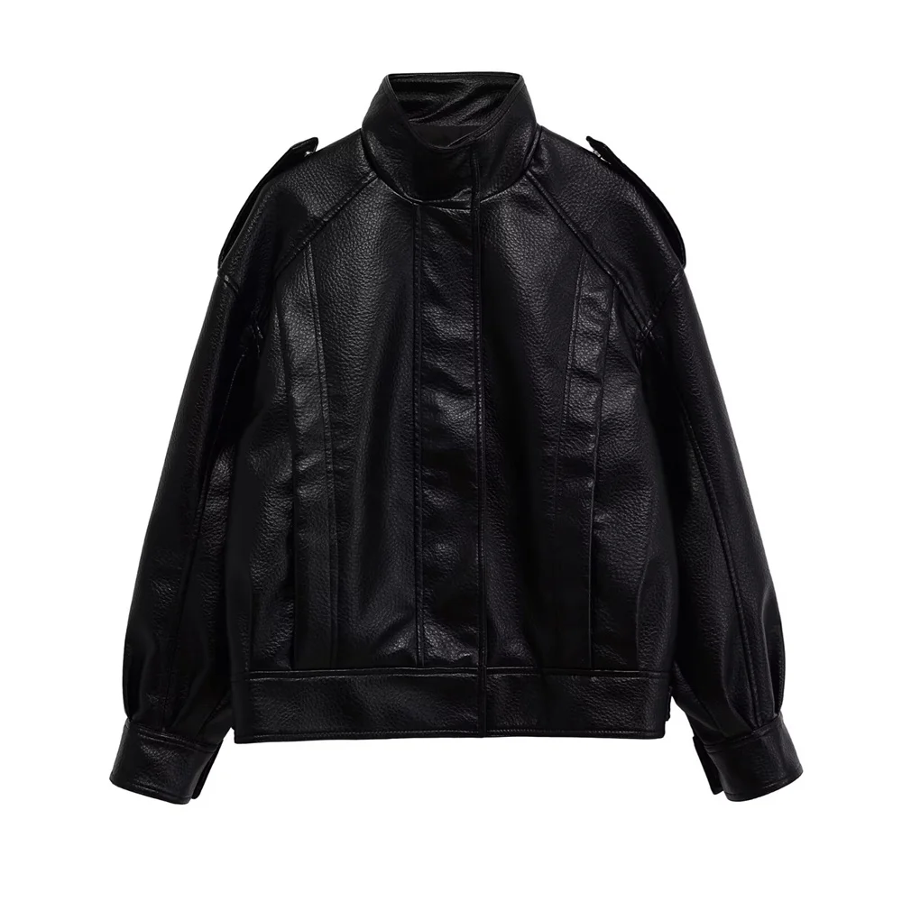 

new women's loose casual lapel, shoulder drop texture pattern imitation leather jacket jacket