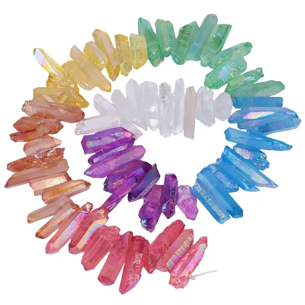Mixed Color Titanium Coated Crystal Points Rough Quartz Sticks Spikes Point Loose Beads Strand Drilled Jewelry Accessories