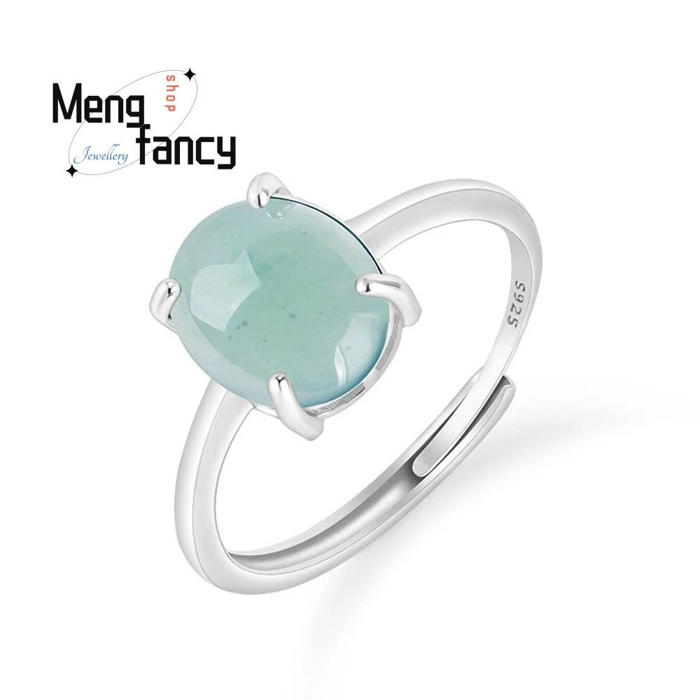 

Elegant High-grade Natural A-goods Jadeite Blue Water Oval Egg Ring Icy Jade S925 Silver Inlaid Couple Luxury Quality Jewelry