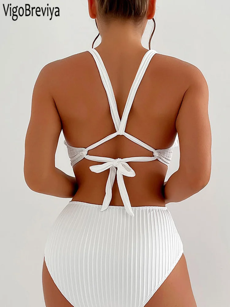 VigoBeviya 2025 Sexy White Strapped Swimwear Women Backless Cross One Piece Swimsuit Monokini Hollow Push UP Beach Bathing Suit