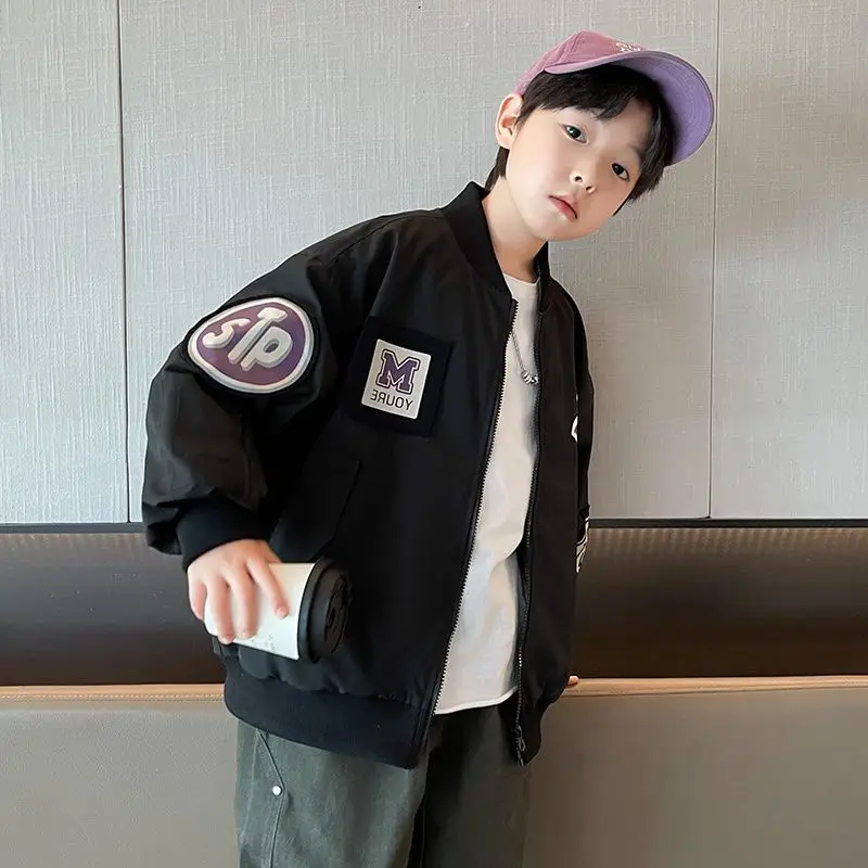 Boys Baseball Jacket Spring Autumn 2026 Fashion Black Coat Trendy Casual Outerwear Kids Tops