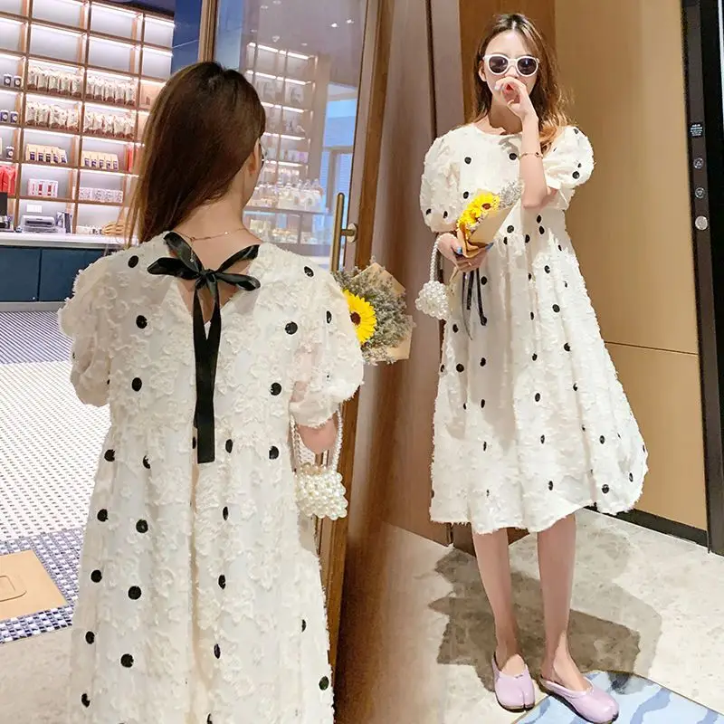 Polka Dot Chiffon Short-sleeved Dress Medium Length Loose Women\'s Summer Dress 2023 New Loose Skirt