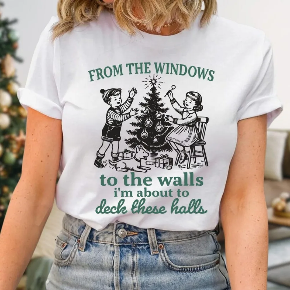 قميص عطلة مضحك من النوافذ إلى الجدران أنا عن سطح السفينة هذه القاعات هدية عيد ميلاد سعيد للنساء عيد الميلاد للجنسين المحملة #1