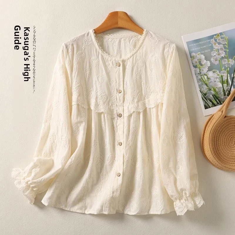 

Retro Embroidered round Ne irt Spring Autumn New Sle High-End Bell Sve Head over Heels Age-Defng Small irt