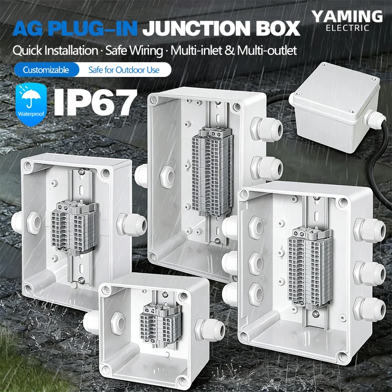 Waterproof Junction Box With Plug-in Terminal Block Multi Inlet Outlet Electric Cable Wiring Outdoor Power Connection Enclosure