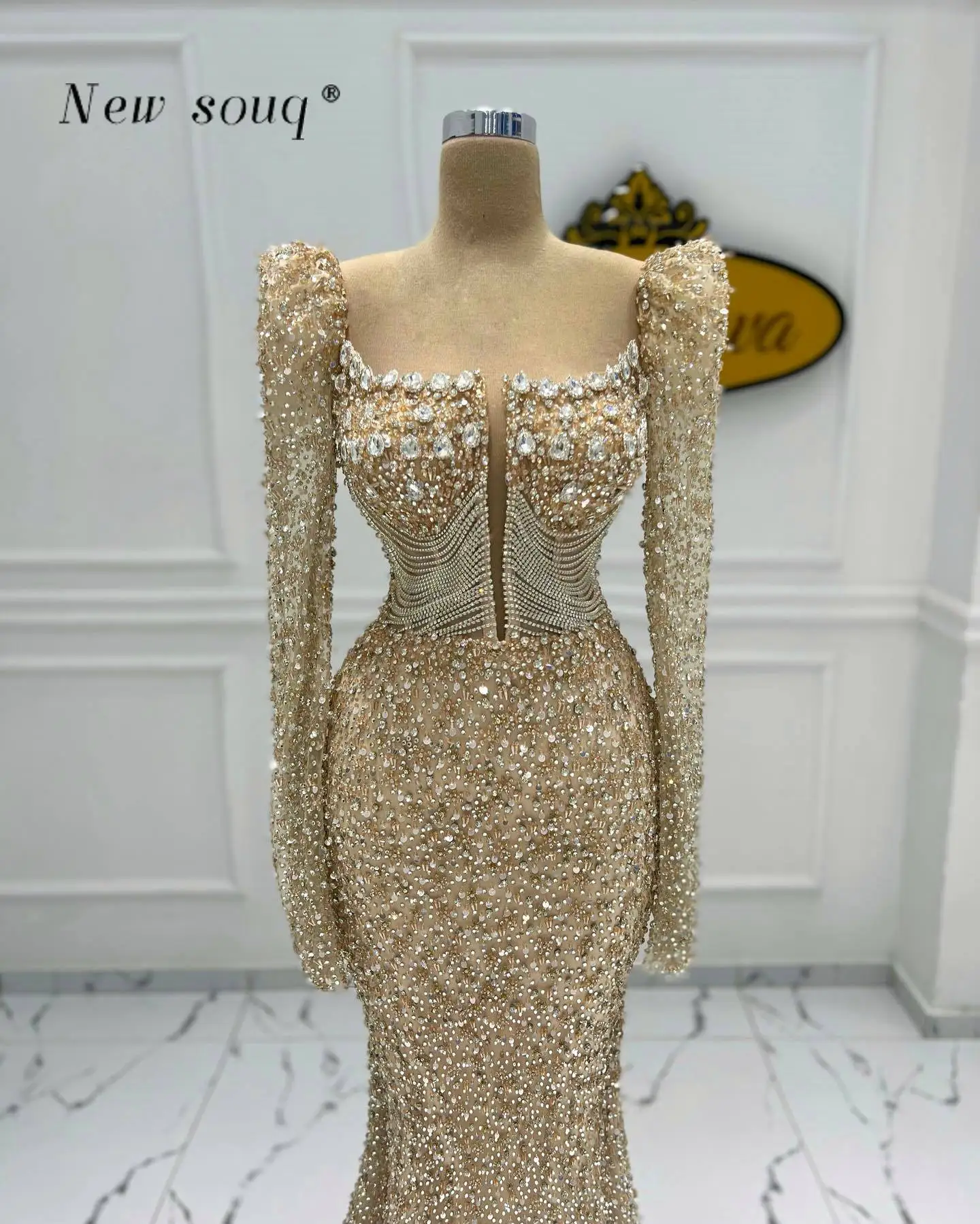 Arabic Champagne Mermaid Elegant Long Sleeves Evening Dresses for Women Wedding Party 2024 Sparkle Beaded Formal Muslim Gowns