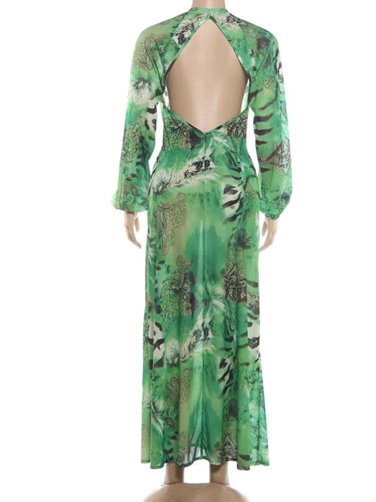 Woman Tiger Stripe Print Deep V-neck Dress Sexy Backless Long Sleeve Dresses 2026 Summer Vacation Beach Party Elegant Vestidos