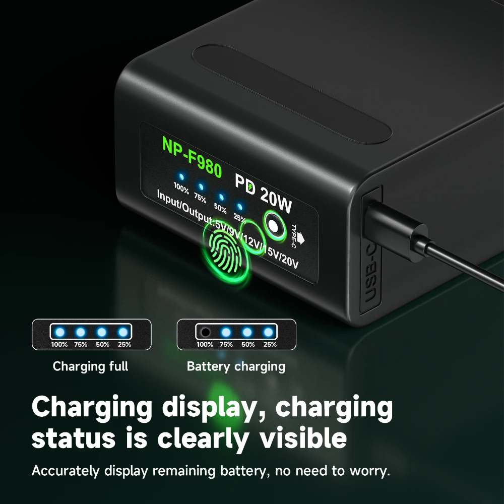 NP-F990 F980 F970 F750 بطارية مع PD30W شحن سريع لسوني NP F980 F970 F960 F750 F570 NEX-EA50C HXR-HD1000C VL-D85T ضوء