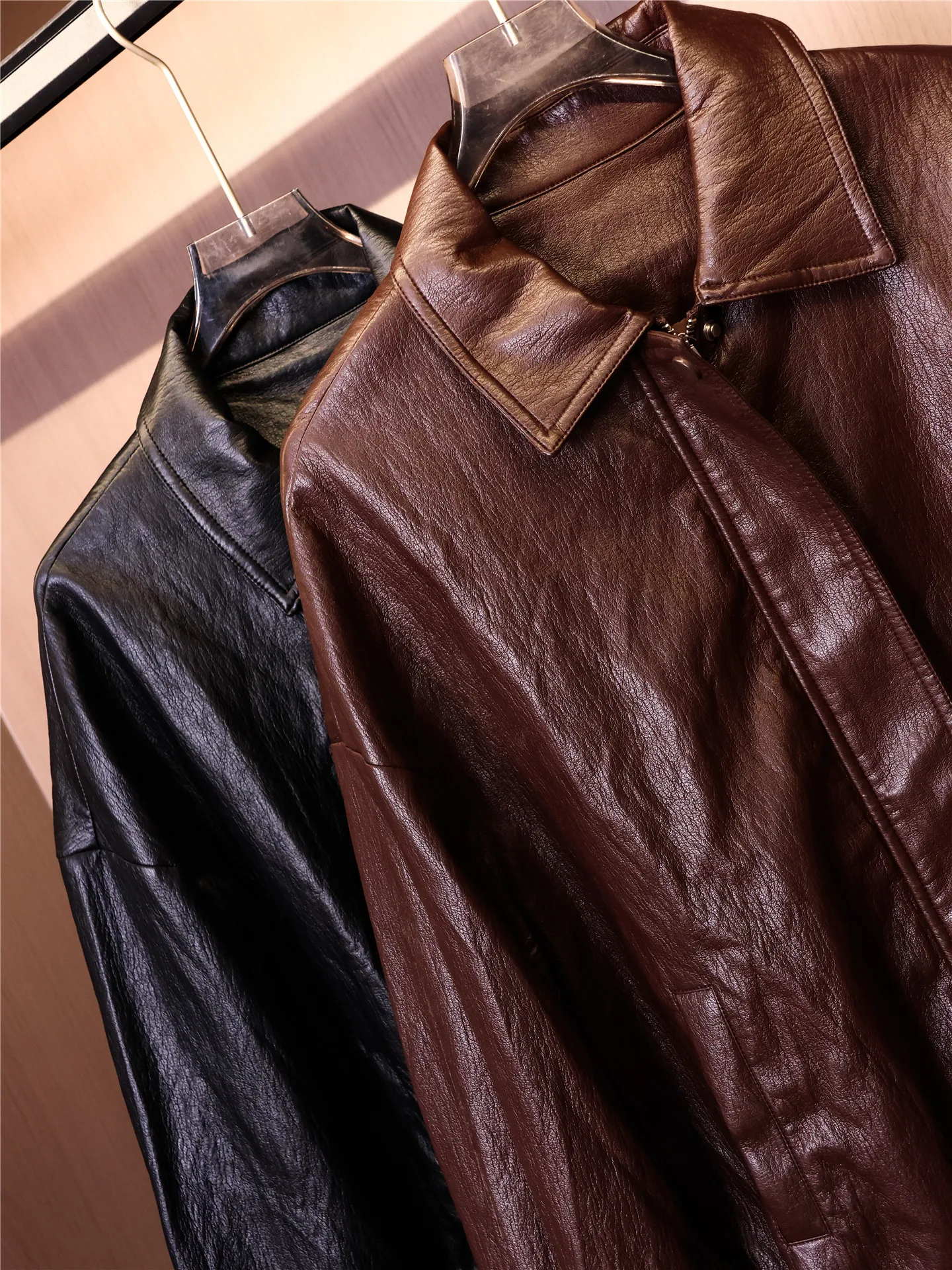 Loose Fit Pure Color PU Leather Jacket Lazy Style Turn-down Collar Women's Biker Jacket Autumn New Vintage Style V688