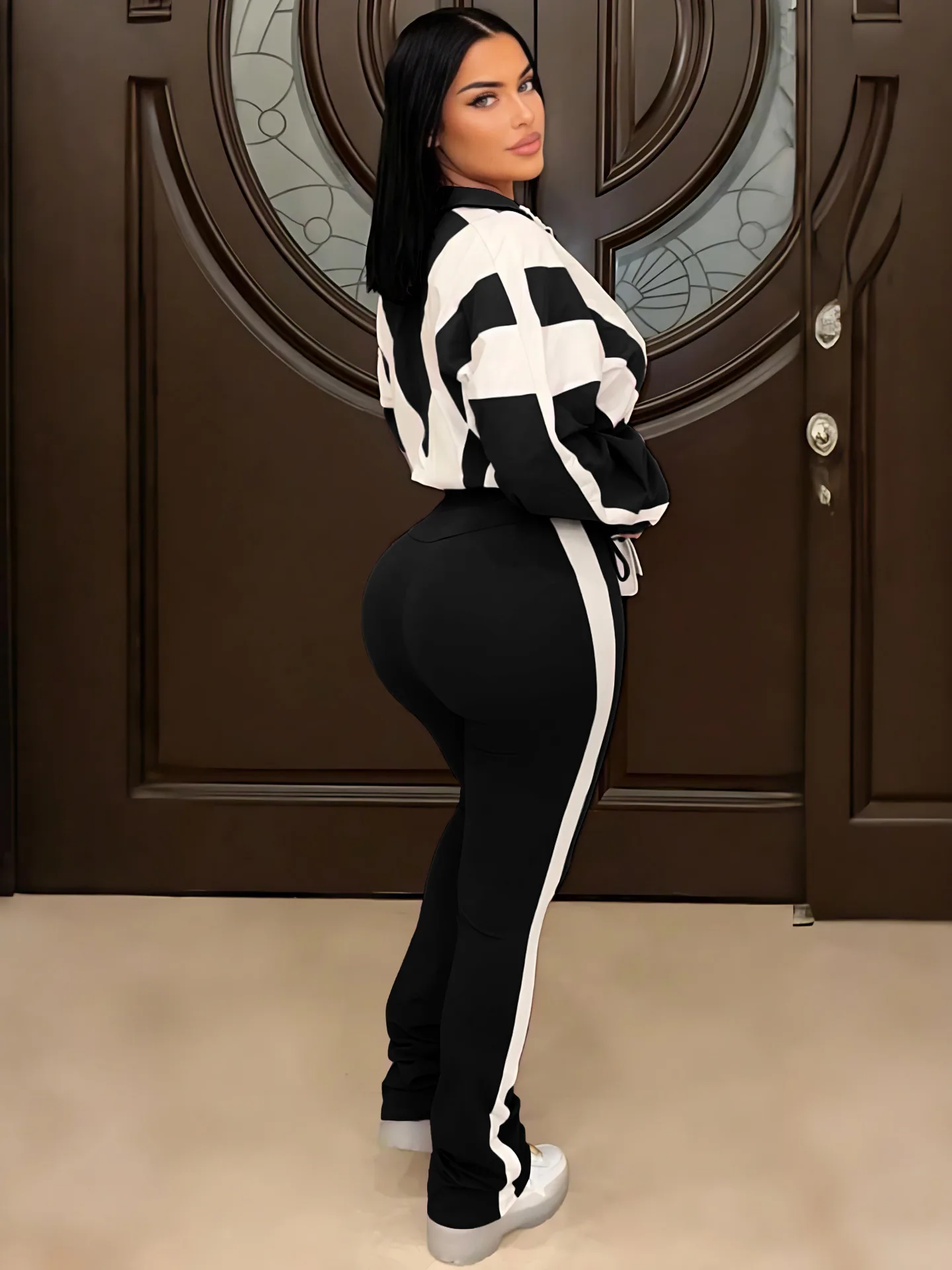 شقيقة ستار المرأة البدلة اللون الاصطدام الربط الرياضة موضة عادية عالية الخصر السراويل سترة سترة التنقل قطعتين مجموعة