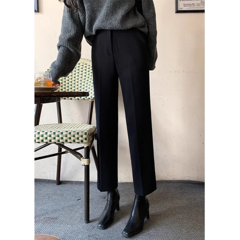 Fleece-lined Draping Effect Suit Pants Women's Autumn and Winter New High Waist Thickened Cropped Pants Small Commuter Loose Cig